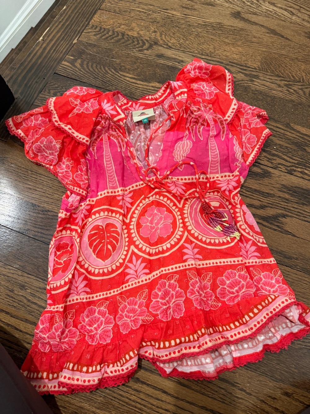 FARM Rio Red and Pink Floral Tie-Front Ruffled Top